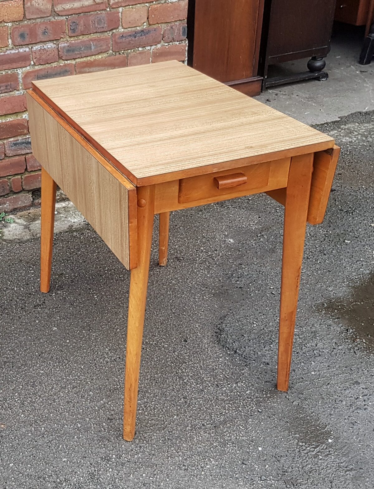 Vintage Melamine-Top Kitchen Table, Retro Drop-Side Kitchen Table with Drawer, Mid-Century Drop-Leaf Kitchen Table