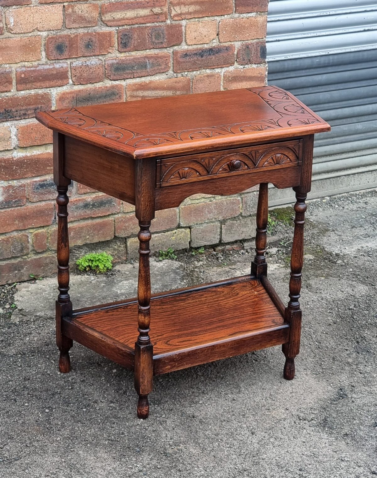 Carved-Top Side Table with Drawer, Carved Oak Hall Table