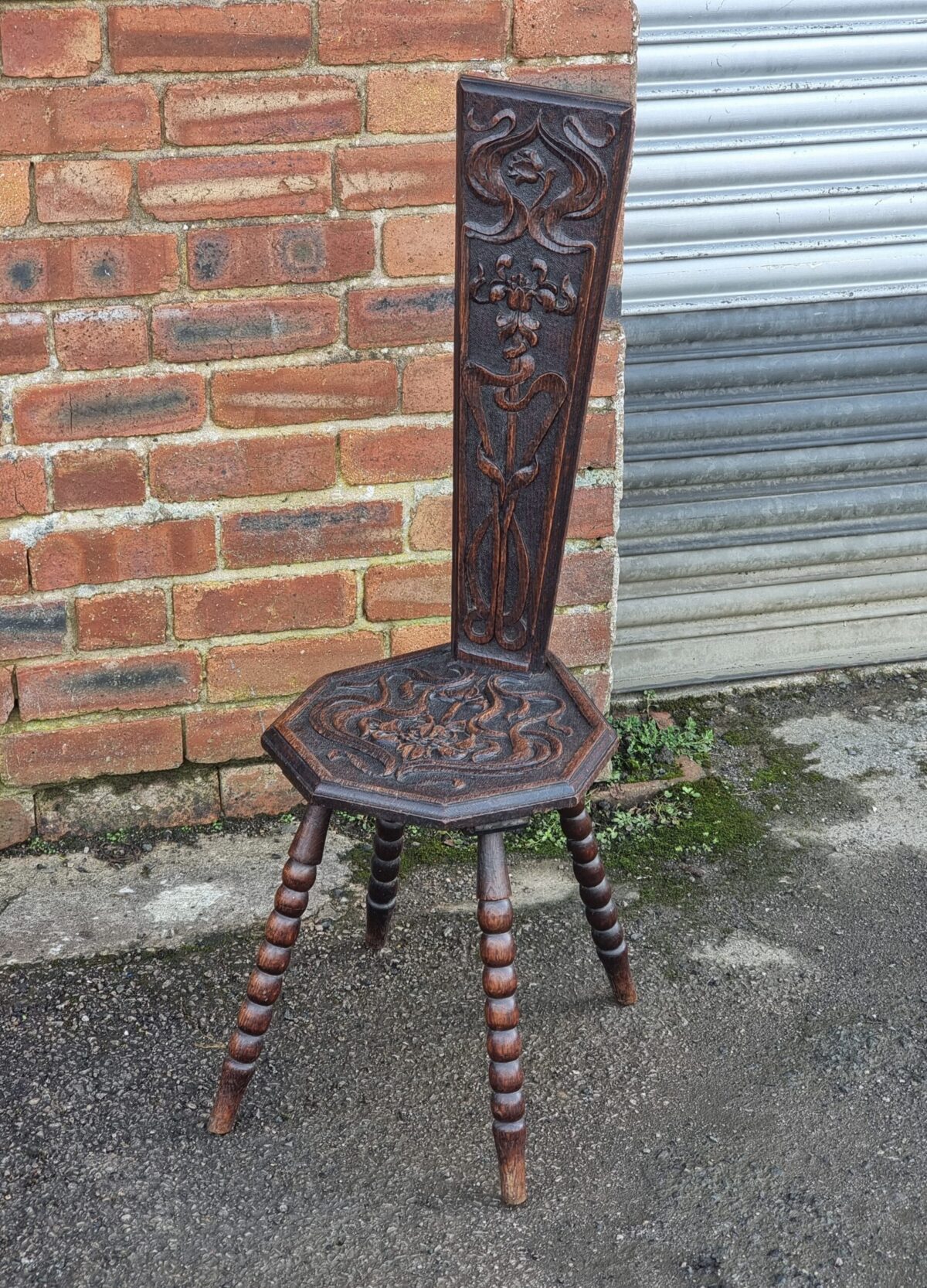 Antique Carved Oak Spinning Chair on 'Bobbin' Lathe-Turn Legs, Oak Carved Seat, Ornate Carved-back Hall Chair