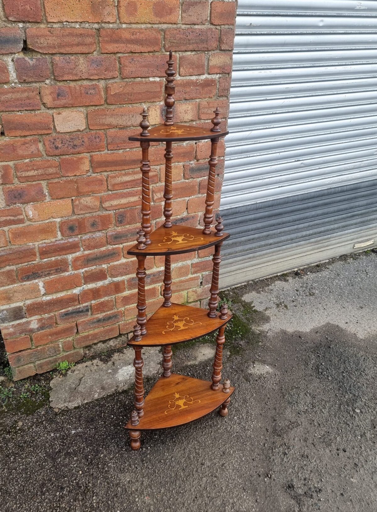 Antique 4 Tier Corner Stand Whatnot, 4 Tier Stand, Marquetry Inlay Tiered Table, Stand on Lathe-Turn Column Supports - Image 3