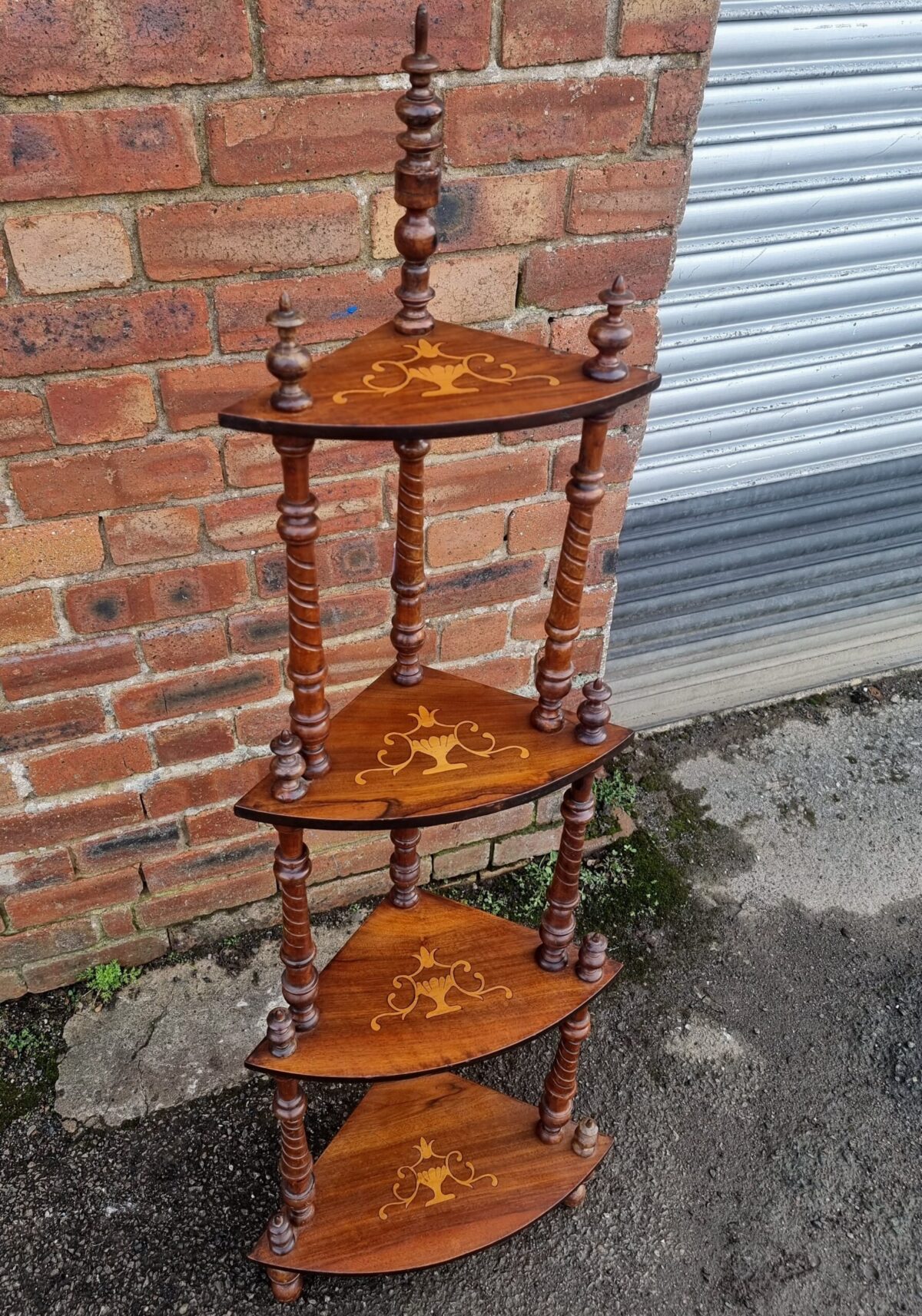 Antique 4 Tier Corner Stand Whatnot, 4 Tier Stand, Marquetry Inlay Tiered Table, Stand on Lathe-Turn Column Supports - Image 2