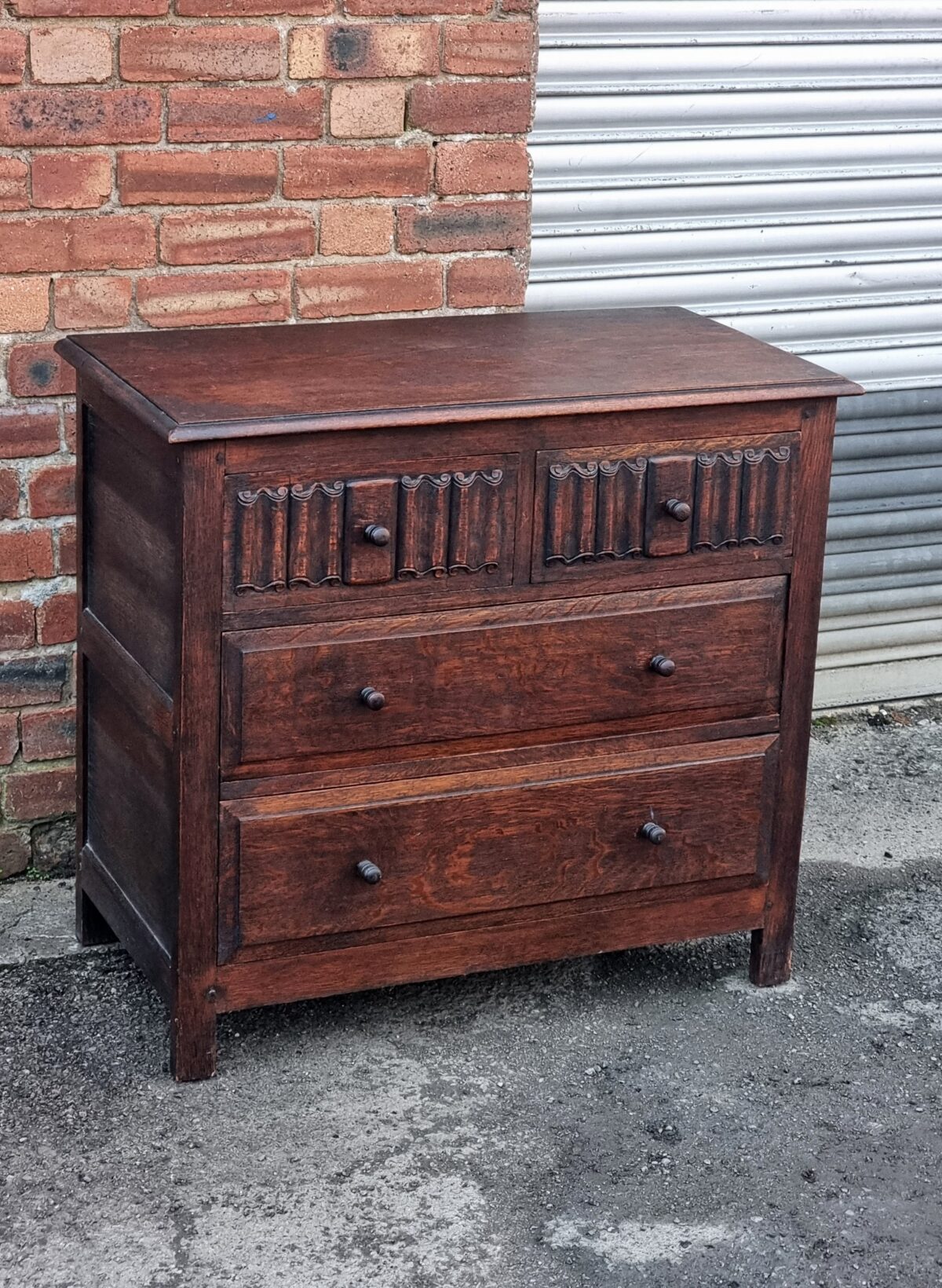 Small Oak Chest of Drawers, Oak Chest of 2 over 2 Drawers, top two with Carved Drawer fronts