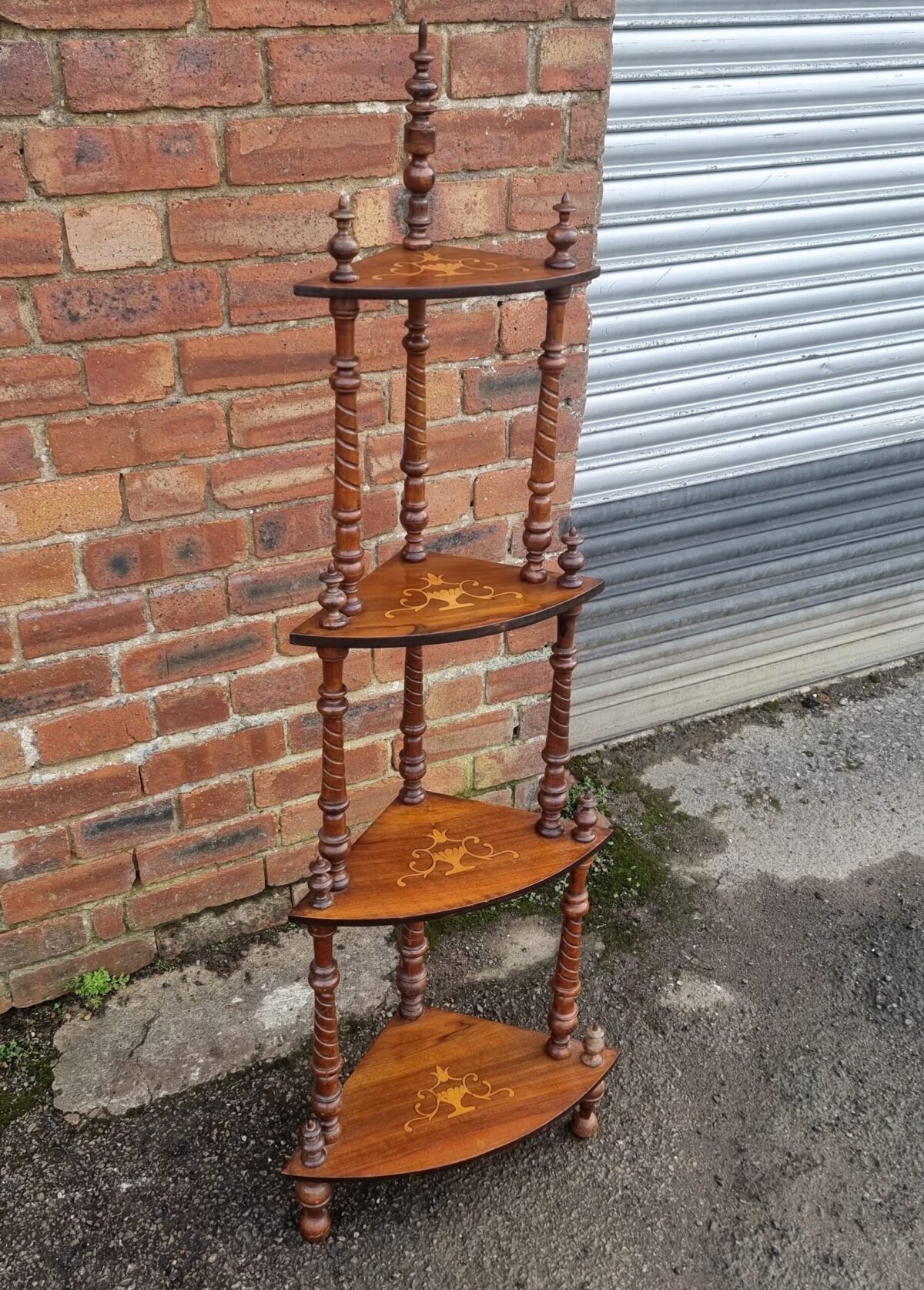 Antique 4 Tier Corner Stand Whatnot, 4 Tier Stand, Marquetry Inlay Tiered Table, Stand on Lathe-Turn Column Supports