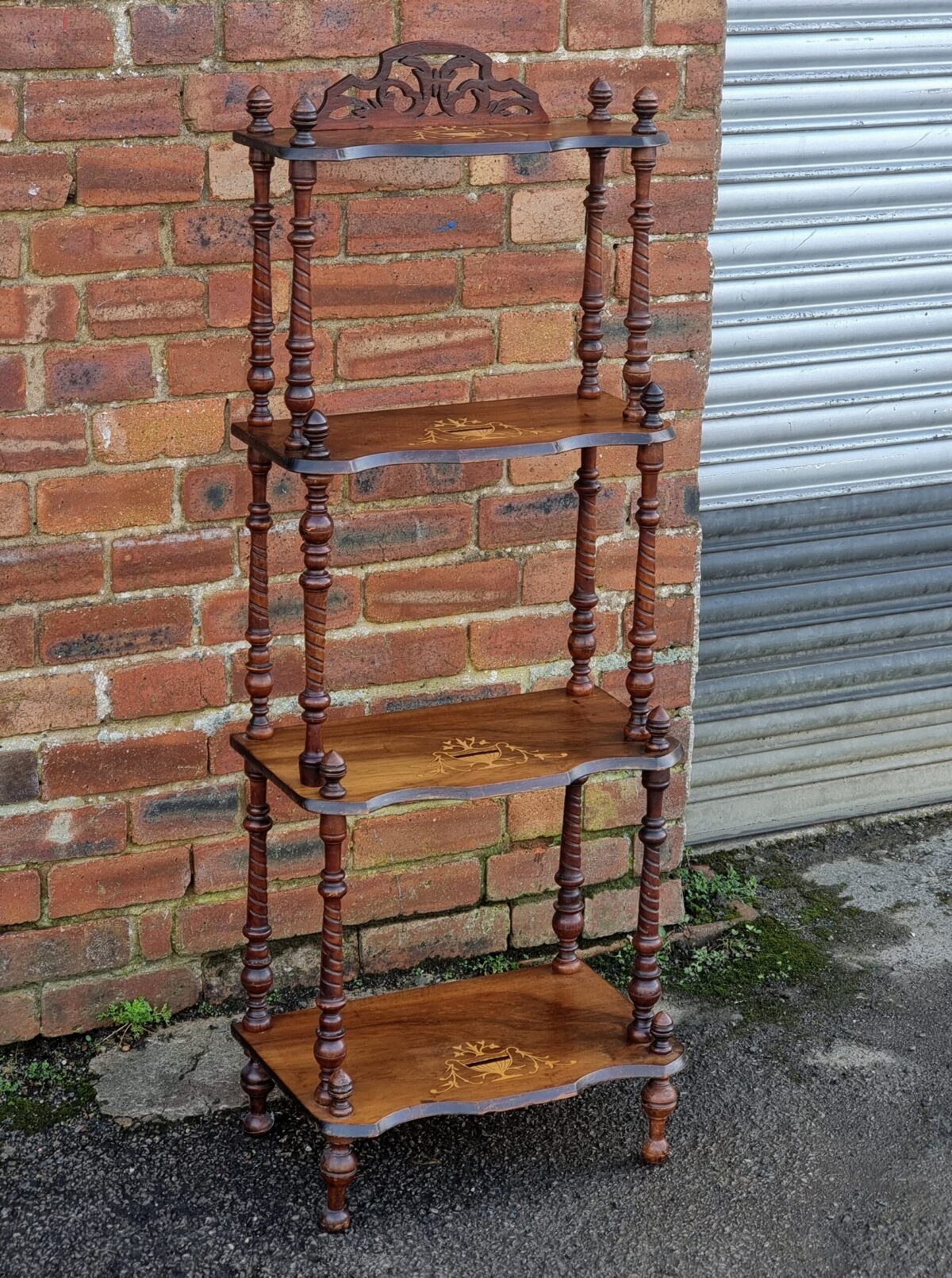 Marquetry-Inlaid 4 Tier Antique Whatnot Stand/Etagere on Turned Column Supports with Ornate Raised Back