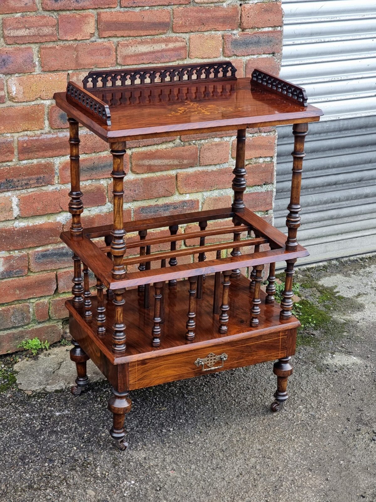 Marquetry-Inlay Antique Canterbury, Newspaper Stand, Side Table with Lower Magazine Stand & Drawer on Castors