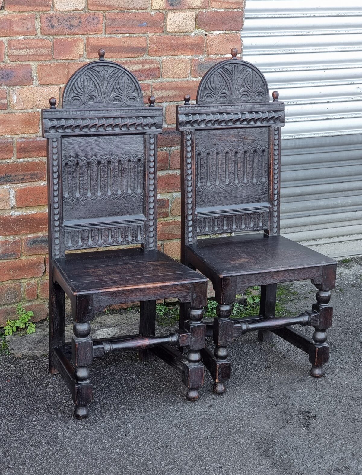 Pair of Antique Oak Hall Chairs, Matching Pair of Antique Carved-back dark Oak Hall Chairs