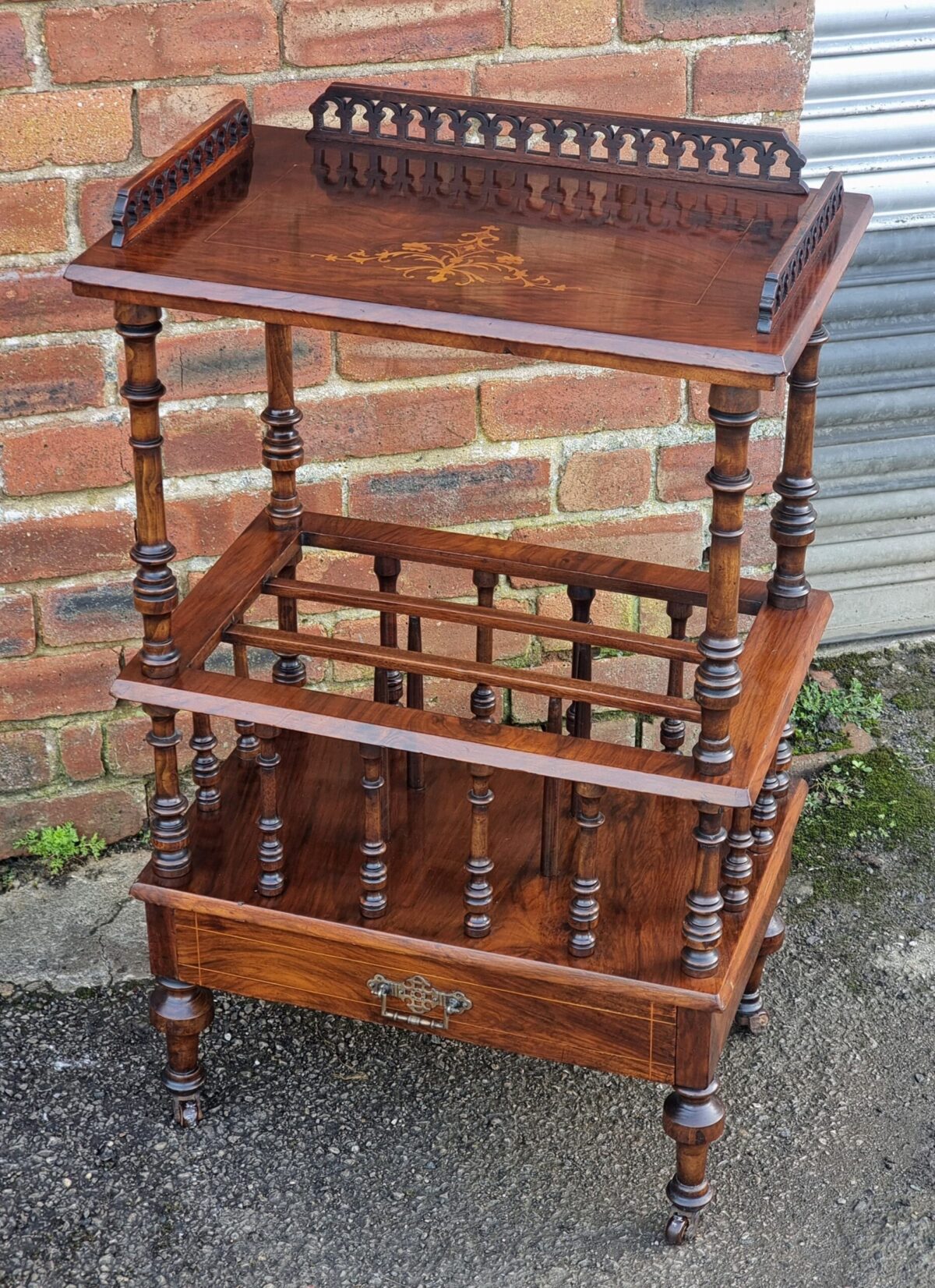 Marquetry-Inlay Antique Canterbury, Newspaper Stand, Side Table with Lower Magazine Stand & Drawer on Castors - Image 3