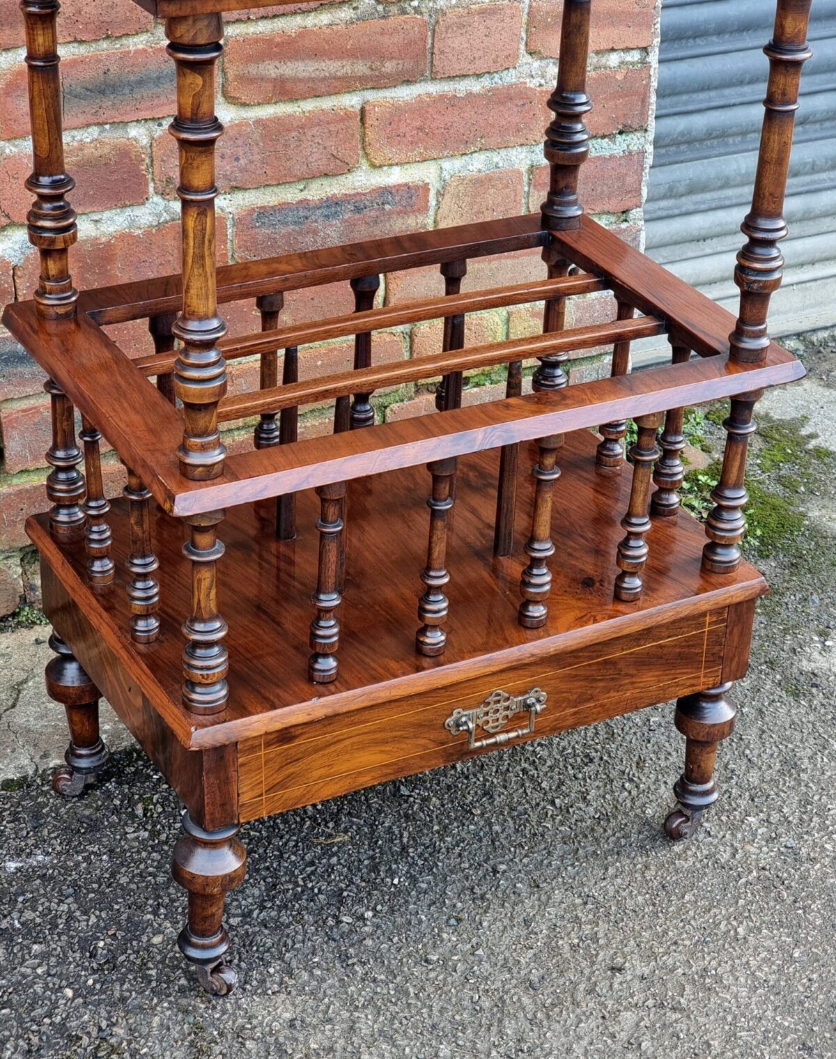 Marquetry-Inlay Antique Canterbury, Newspaper Stand, Side Table with Lower Magazine Stand & Drawer on Castors - Image 2