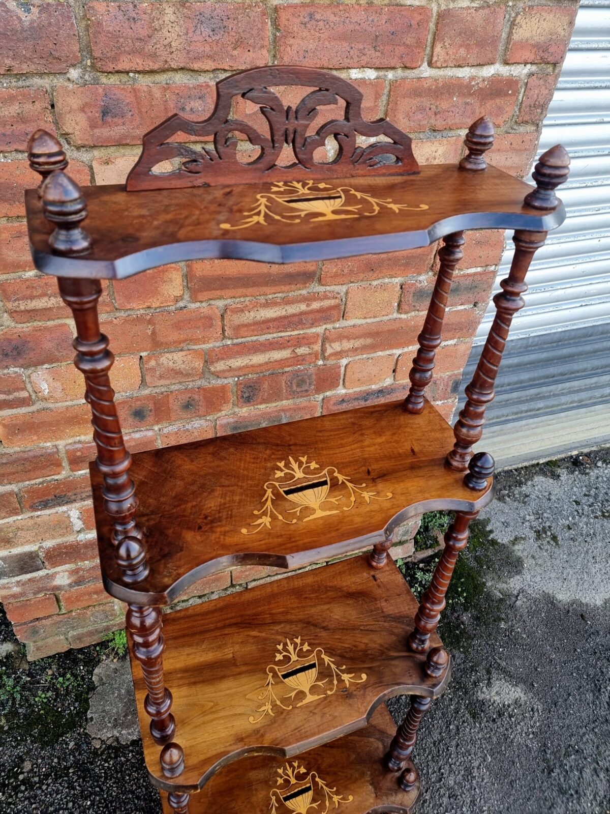 Marquetry-Inlaid 4 Tier Antique Whatnot Stand/Etagere on Turned Column Supports with Ornate Raised Back - Image 2