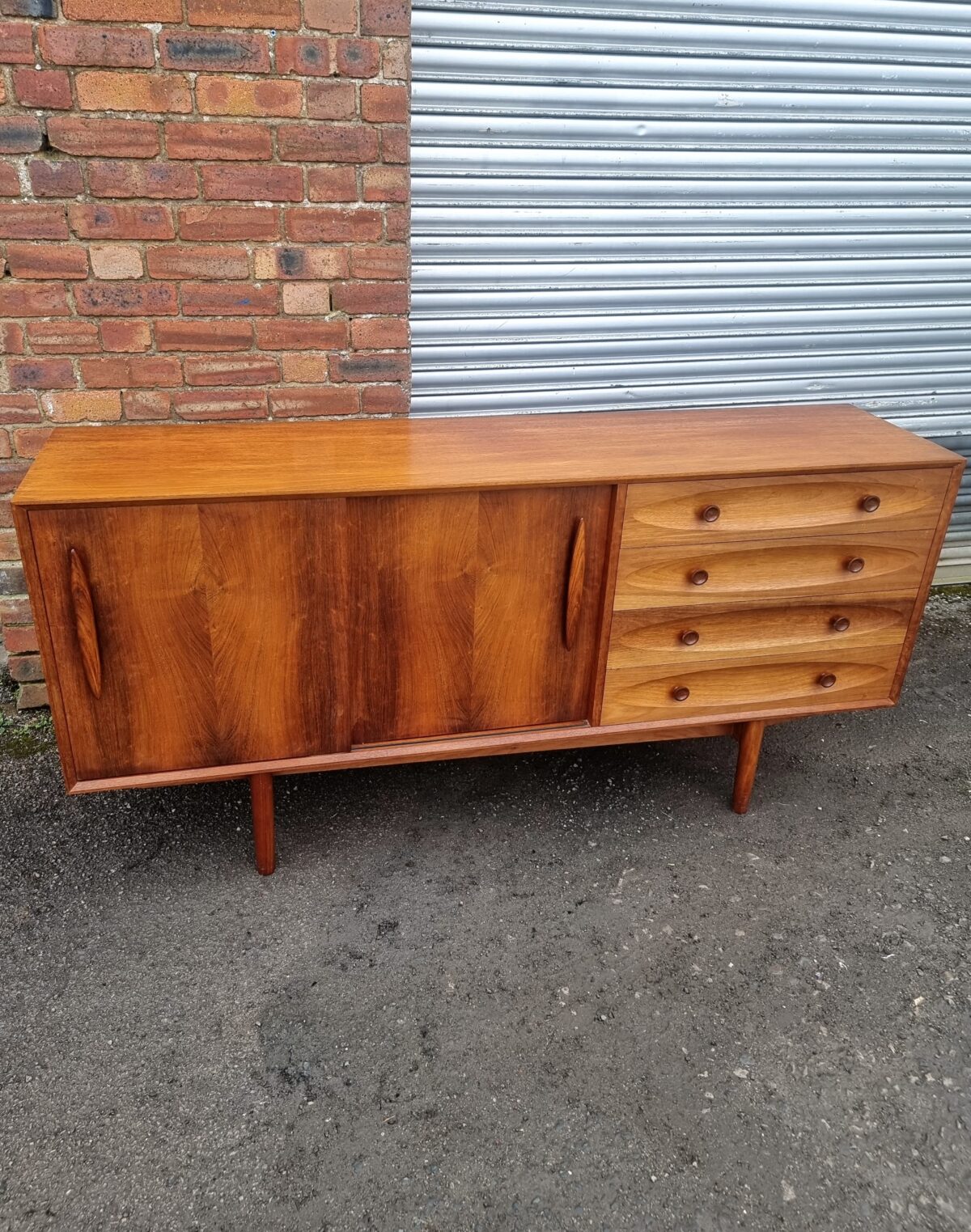 Mid-Century Teak Sideboard, 1950-60s Long Teak Retro Sideboard with Sliding-Doors & 4 Drawers on Legs