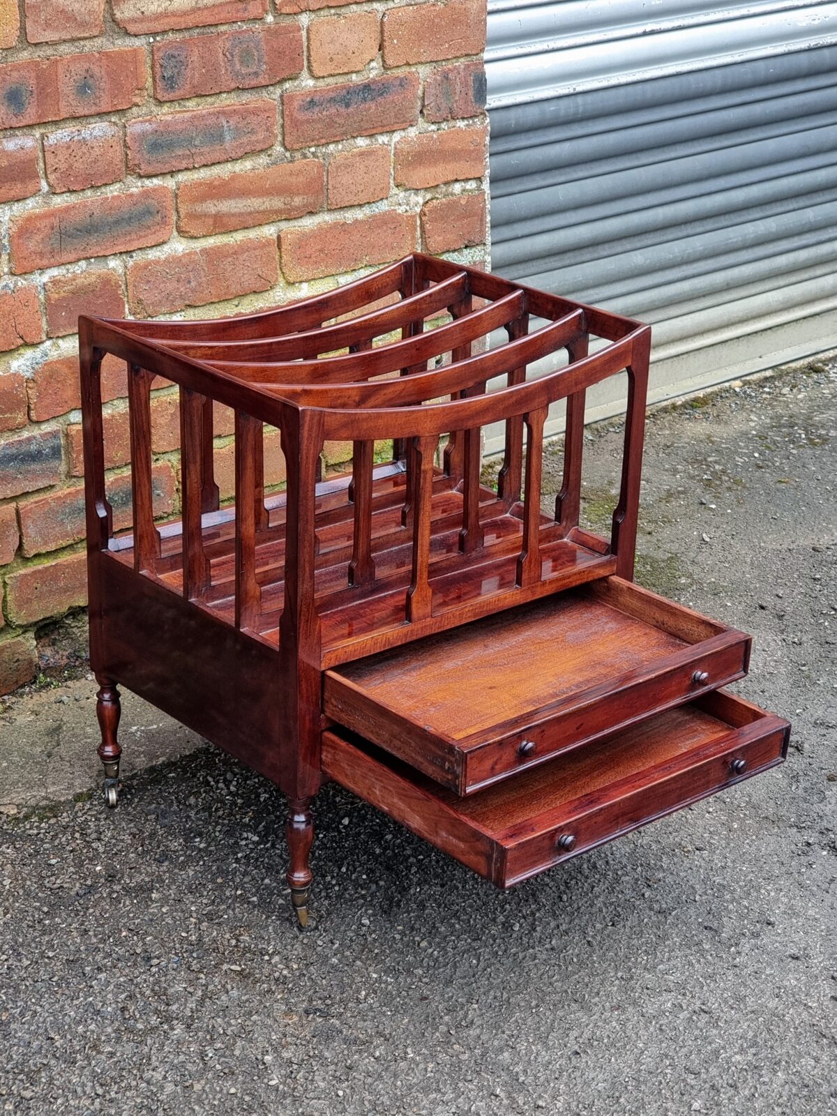 Vintage Newspaper Stand / Canterbury, Magazine Stand with 2 Drawers on Brass Castor Wheels - Image 2