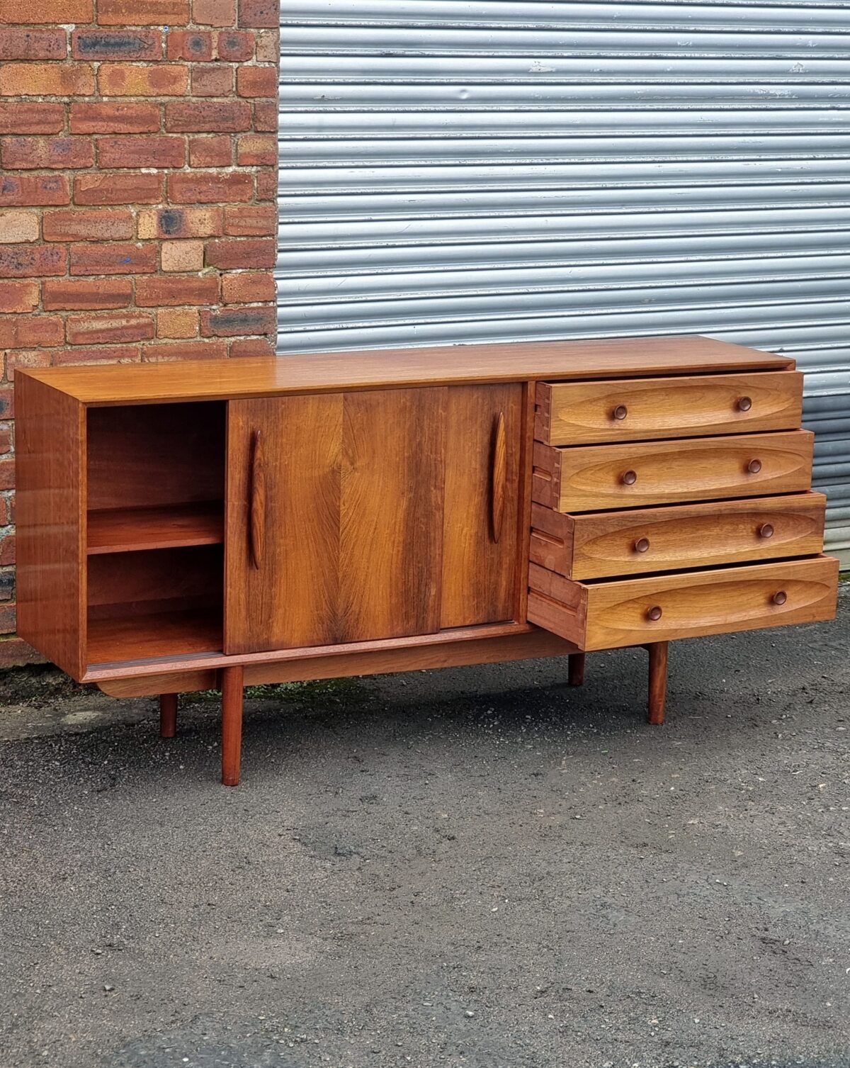 Mid-Century Teak Sideboard, 1950-60s Long Teak Retro Sideboard with Sliding-Doors & 4 Drawers on Legs - Image 2