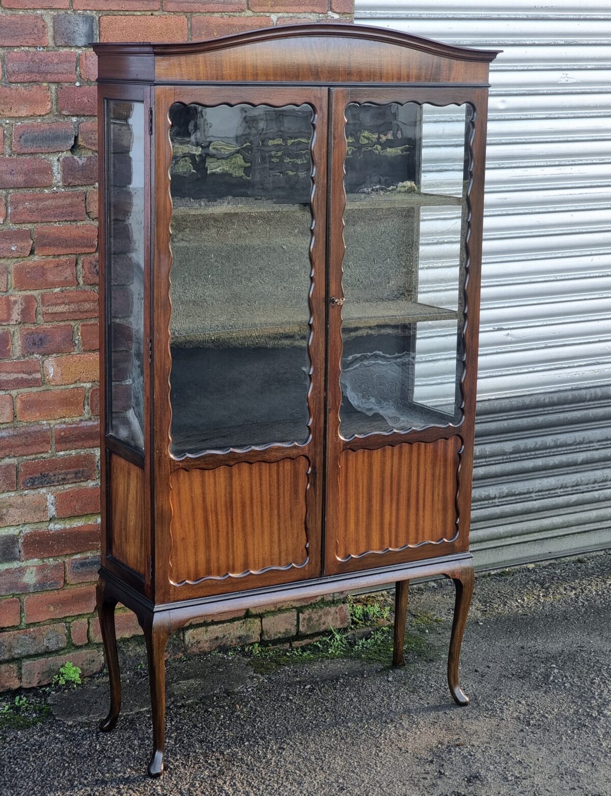 Tall Antique Glass-Door Display Cabinet raised on Cabriolet Legs, Mahogany Edwardian Tall Curio Display Cabinet