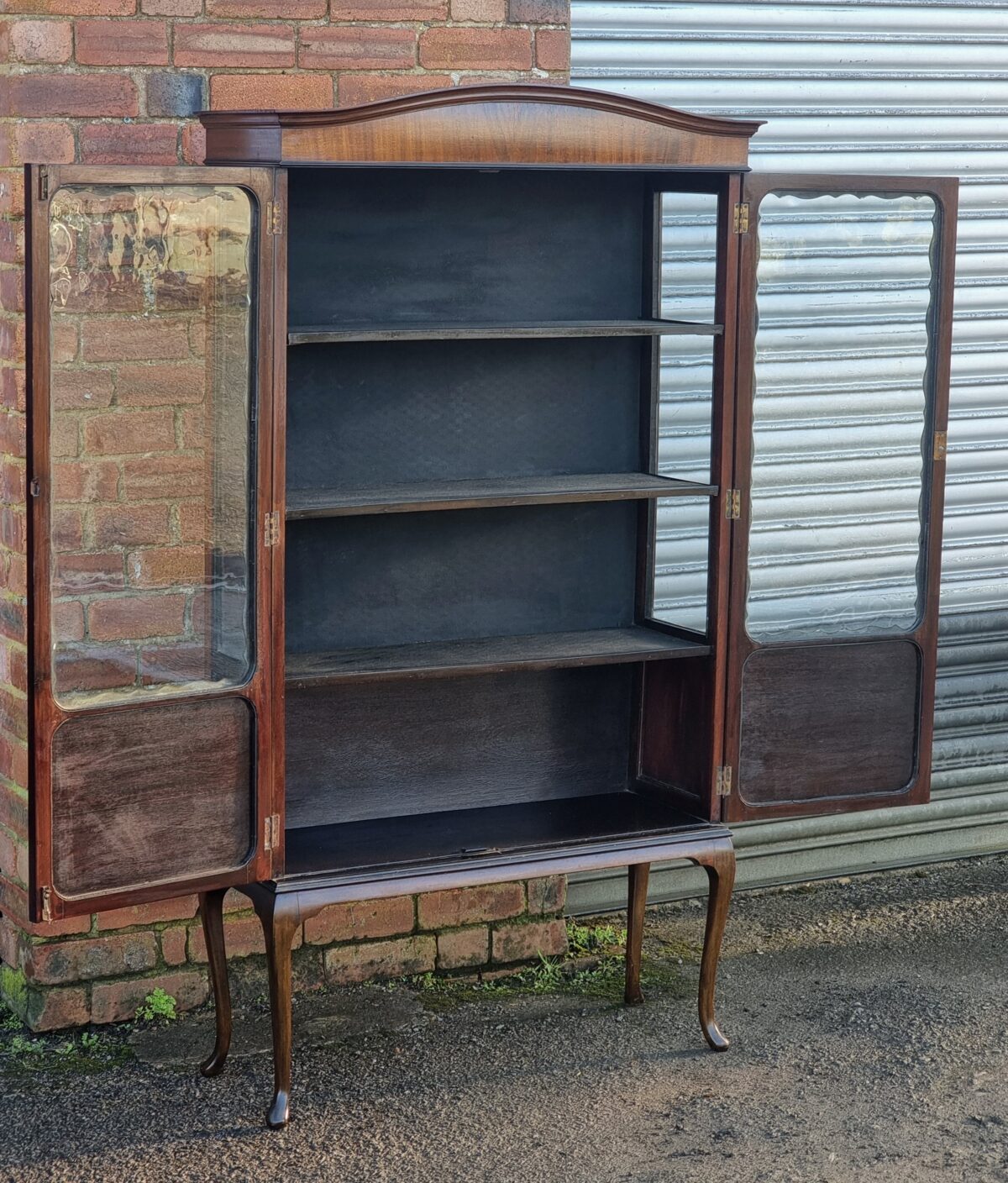 Tall Antique Glass-Door Display Cabinet raised on Cabriolet Legs, Mahogany Edwardian Tall Curio Display Cabinet - Image 2