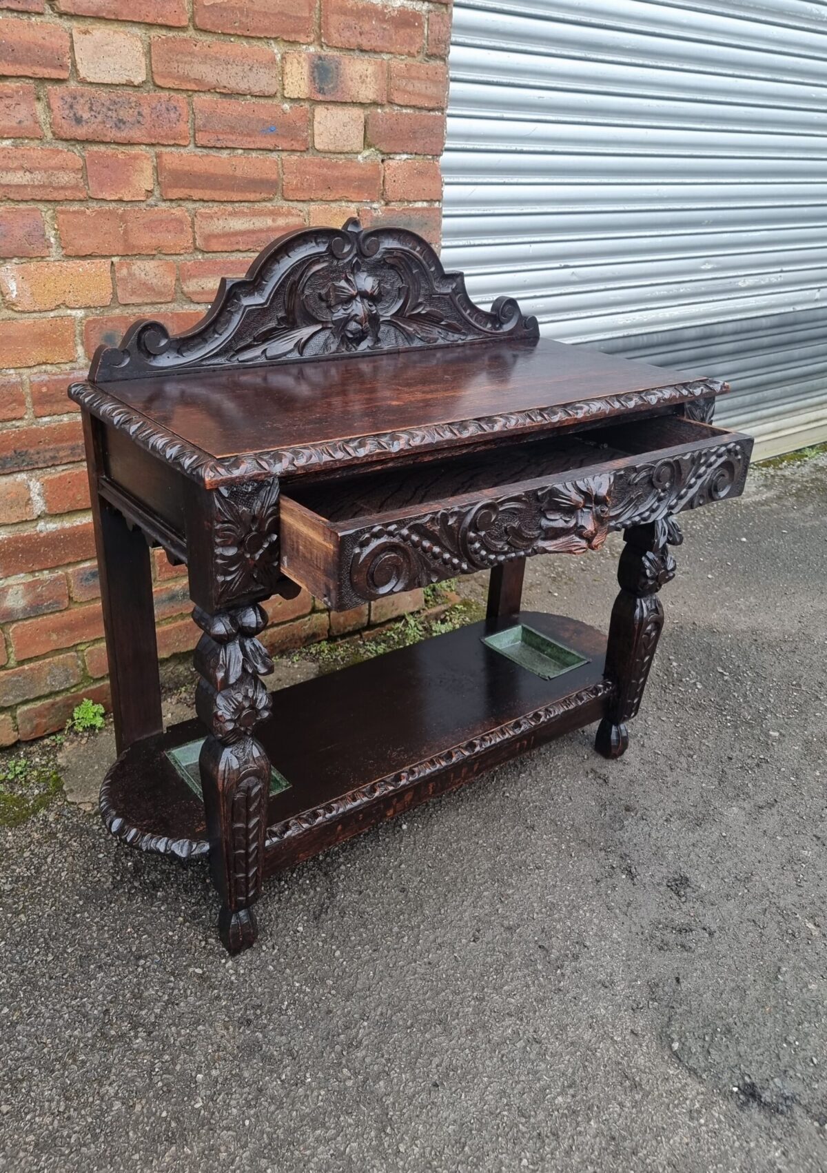 Antique Heavily-Carved Oak Side Table, Console Side Table, 'Green-man' Carved Oak Hall Table with Drawer - Image 2