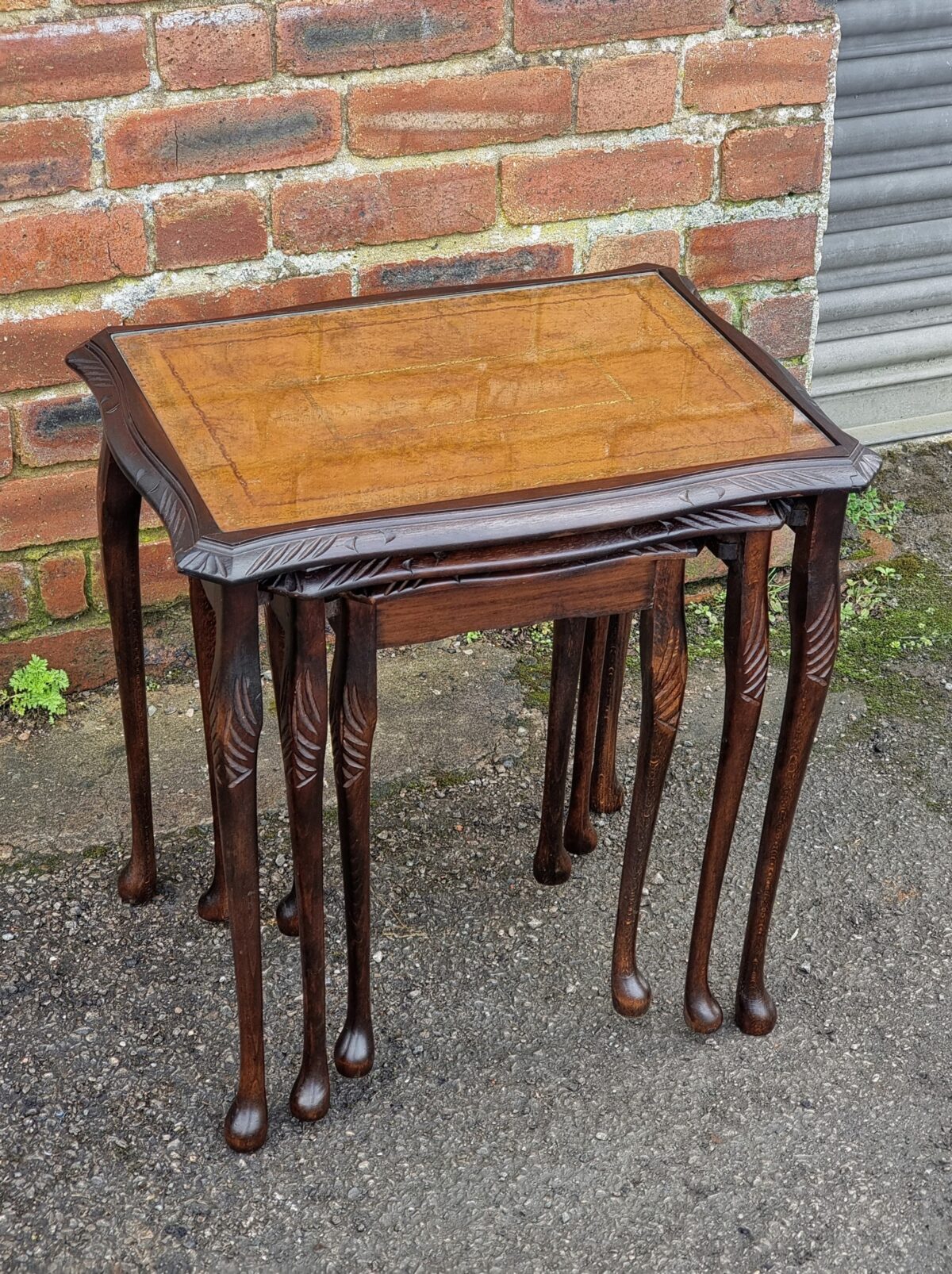 Gilt-Embossed Tan-Leather & Glass-Top Nest of Tables, Nest of 3 Occasional/Side Tables