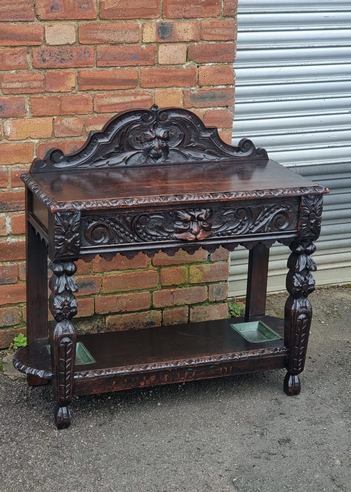 Antique Heavily-Carved Oak Side Table, Console Side Table, 'Green-man' Carved Oak Hall Table with Drawer