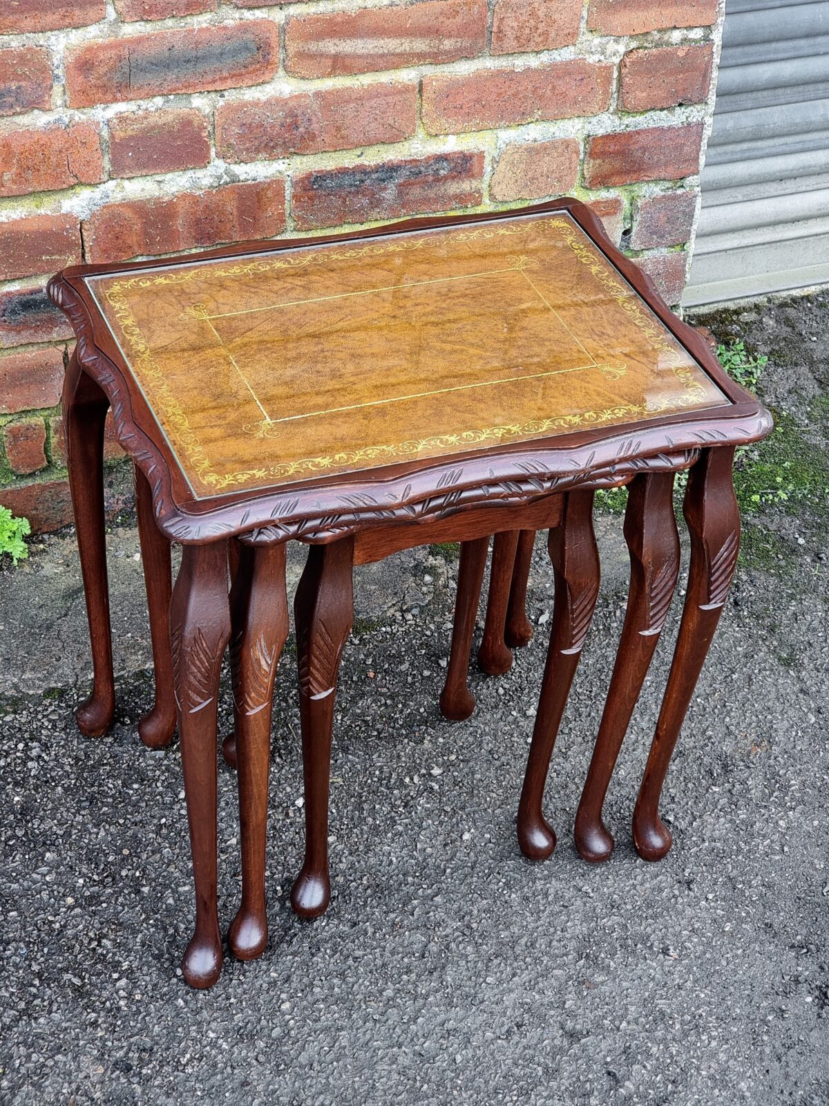 Vintage Nest of 3 Occasional Side Tables, Gilt-Embossed Tan Leather & Glass-Top Nest of Tables - Image 2