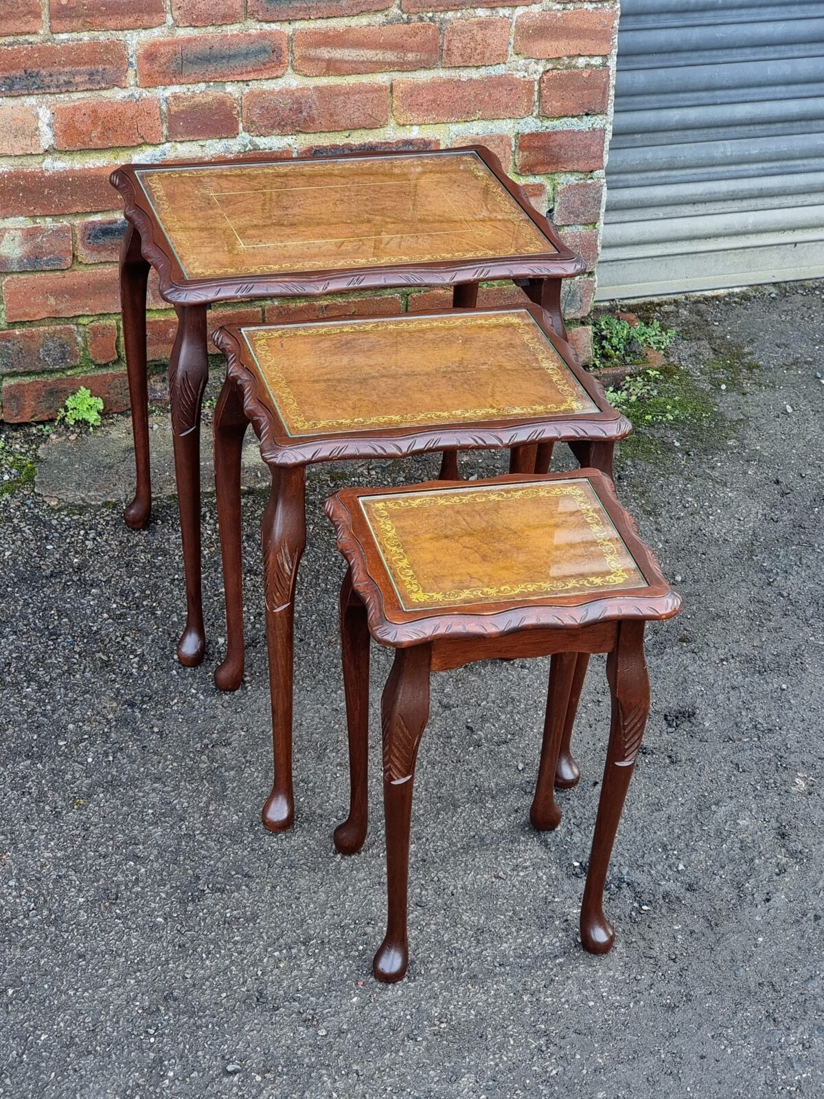 Vintage Nest of 3 Occasional Side Tables, Gilt-Embossed Tan Leather & Glass-Top Nest of Tables