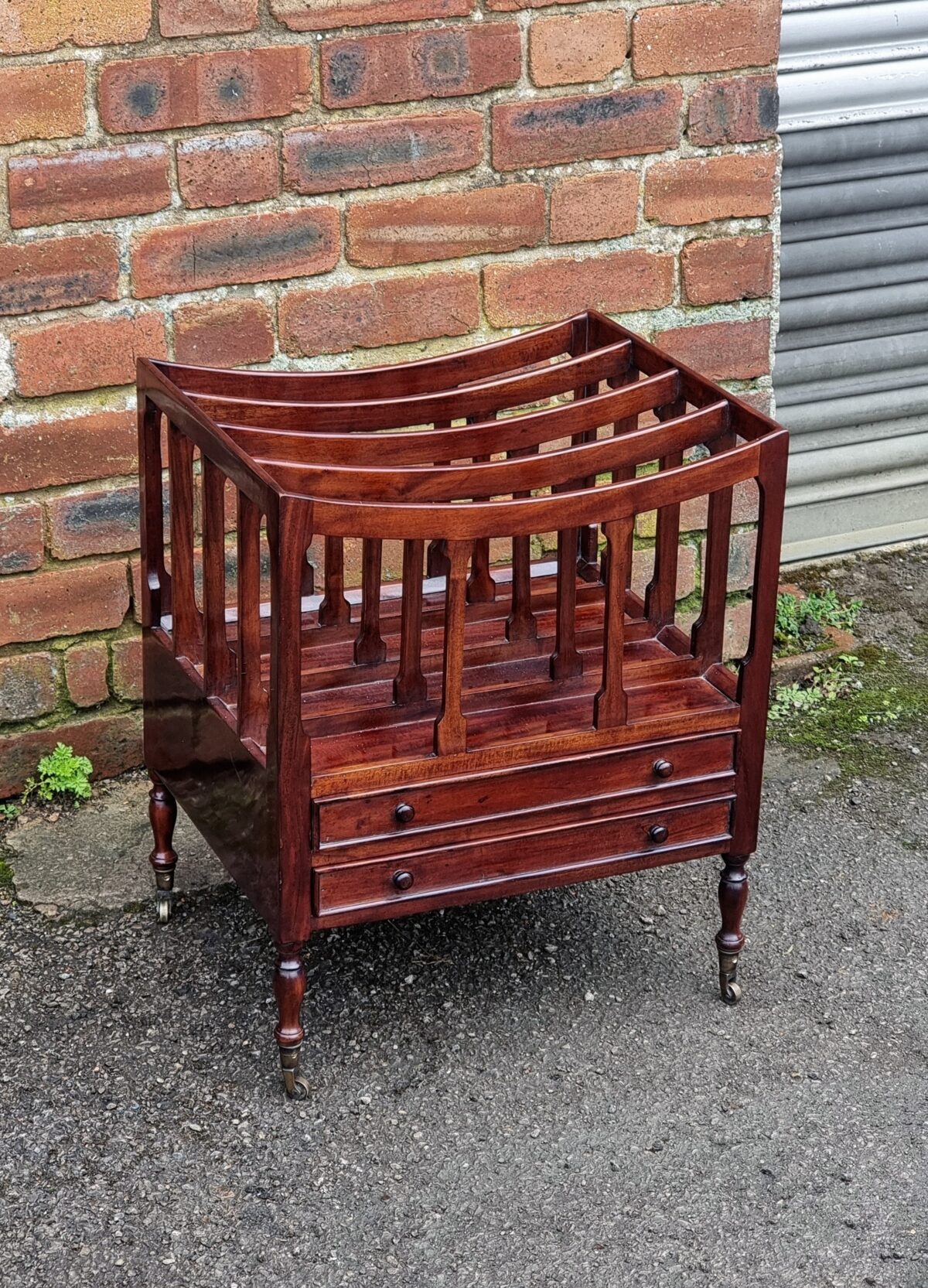 Vintage Newspaper Stand / Canterbury, Magazine Stand with 2 Drawers on Brass Castor Wheels