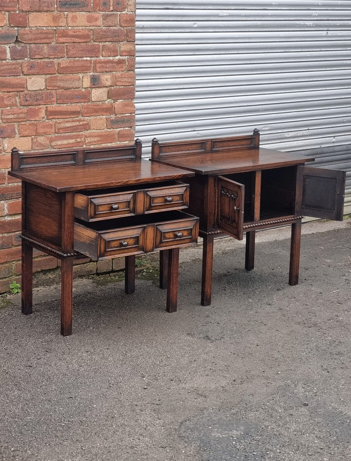 Oak Antique Pair of Side Cabinets, Small Oak Chest of Drawers & Oak Side Cabinet, Pair of Oak Night Stands - Image 2