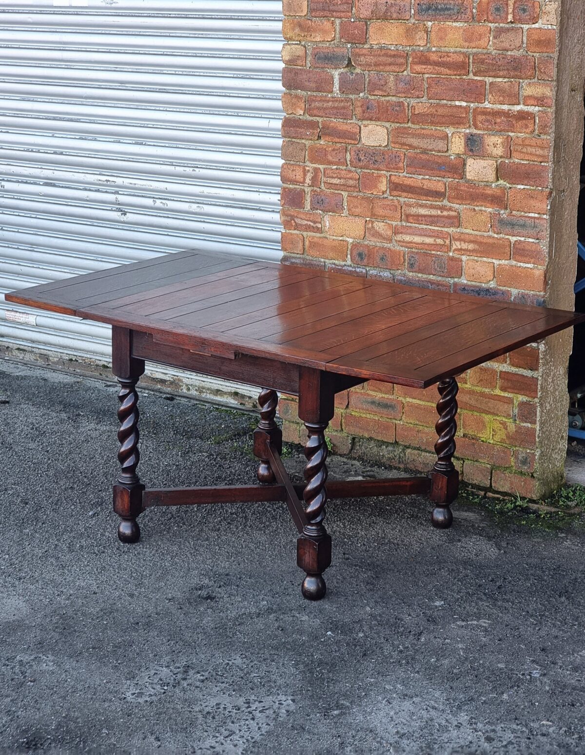 Antique Oak Extending Dining Table, Barley-Twist Oak Draw-Leaf Dining Table with Cross Stretchers - Image 2