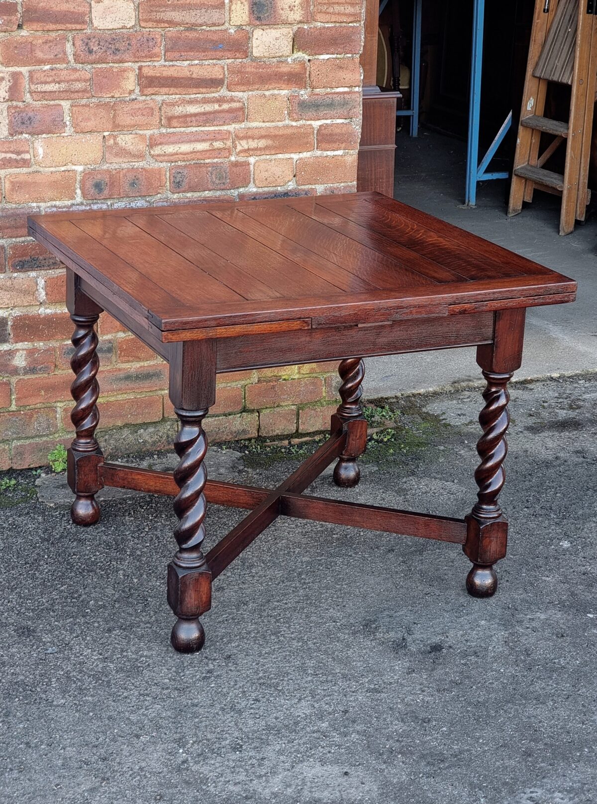 Antique Oak Extending Dining Table, Barley-Twist Oak Draw-Leaf Dining Table with Cross Stretchers