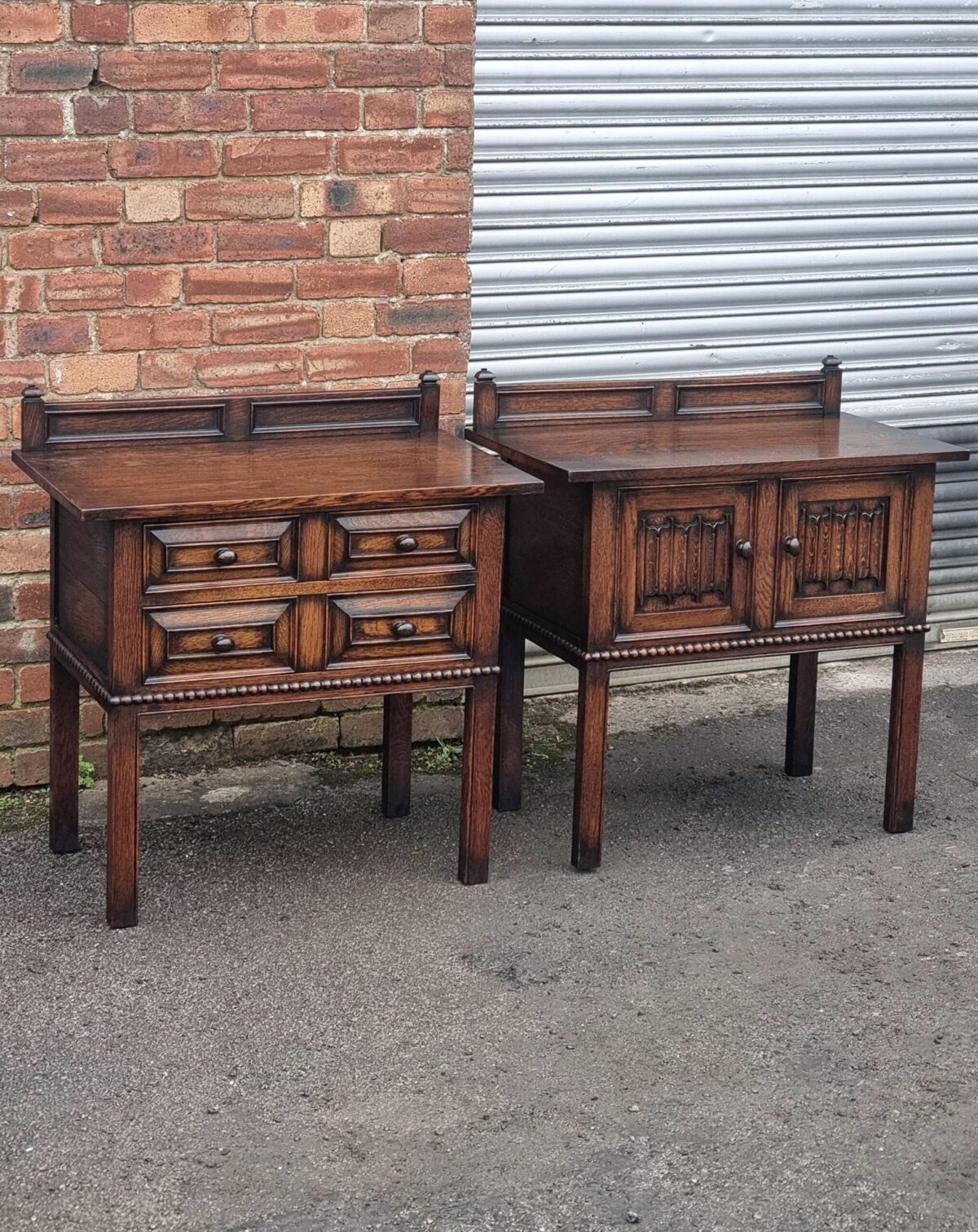 Oak Antique Pair of Side Cabinets, Small Oak Chest of Drawers & Oak Side Cabinet, Pair of Oak Night Stands