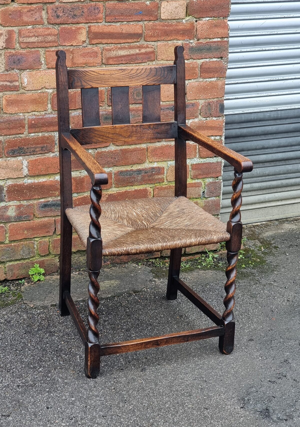 Antique Oak Barley-Twist Arm Chair, Rush-Seat Oak Arm Chair