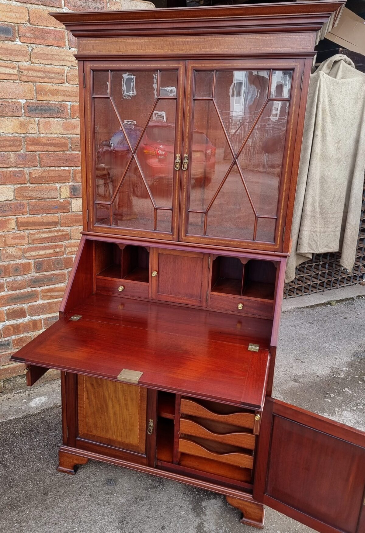 Antique Bureau Bookcase, Astragal-Glazed Bookcase with Drop-Front Bureau Desk & filing Cabinet below - Image 5