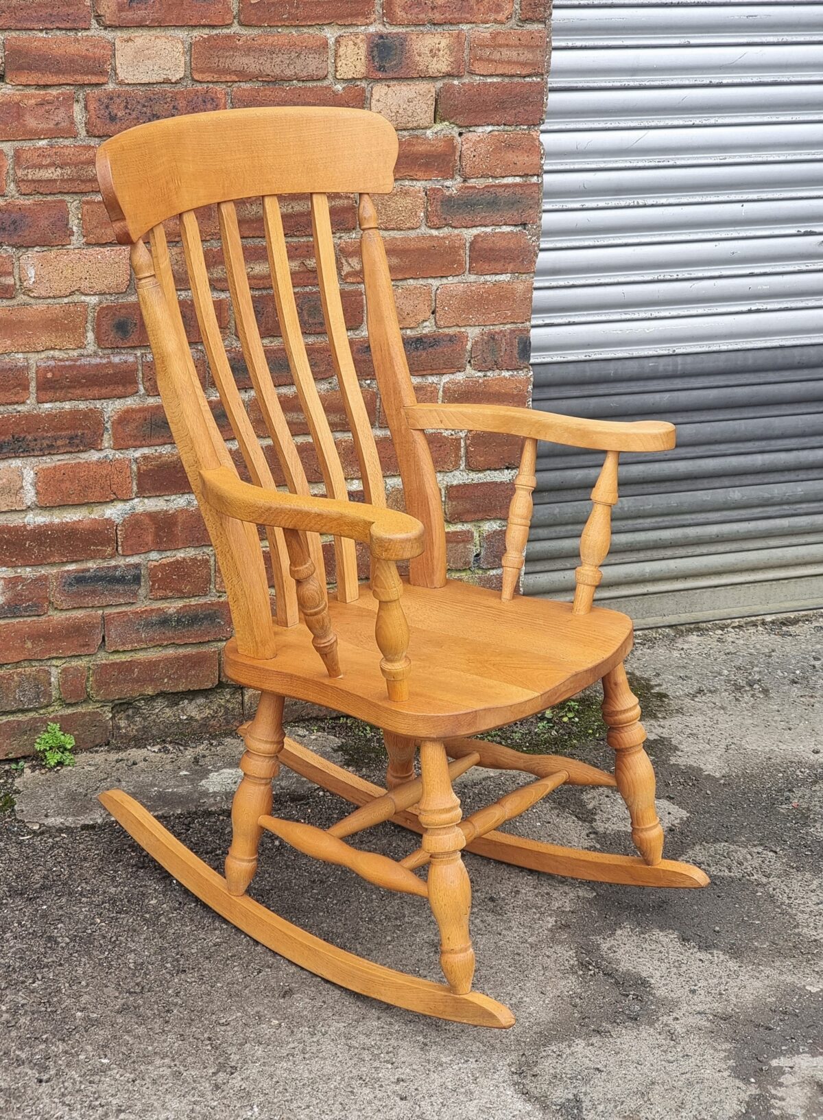 Vintage Beech Rocking Chair, Beechwood Rocking Arm Chair with Lathe-Turned Leg Supports/Stretchers