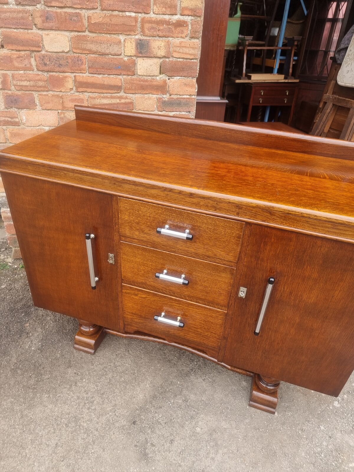 Vintage Art Deco 1930s Oak Sideboard with Cutlery Drawer, Art Deco Oak Cupboard with Chrome Handles & Wine/Bottle Drawer - Image 3