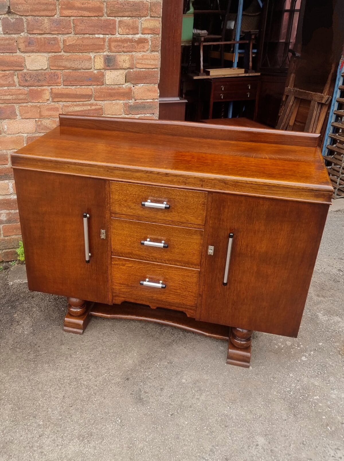 Vintage Art Deco 1930s Oak Sideboard with Cutlery Drawer, Art Deco Oak Cupboard with Chrome Handles & Wine/Bottle Drawer