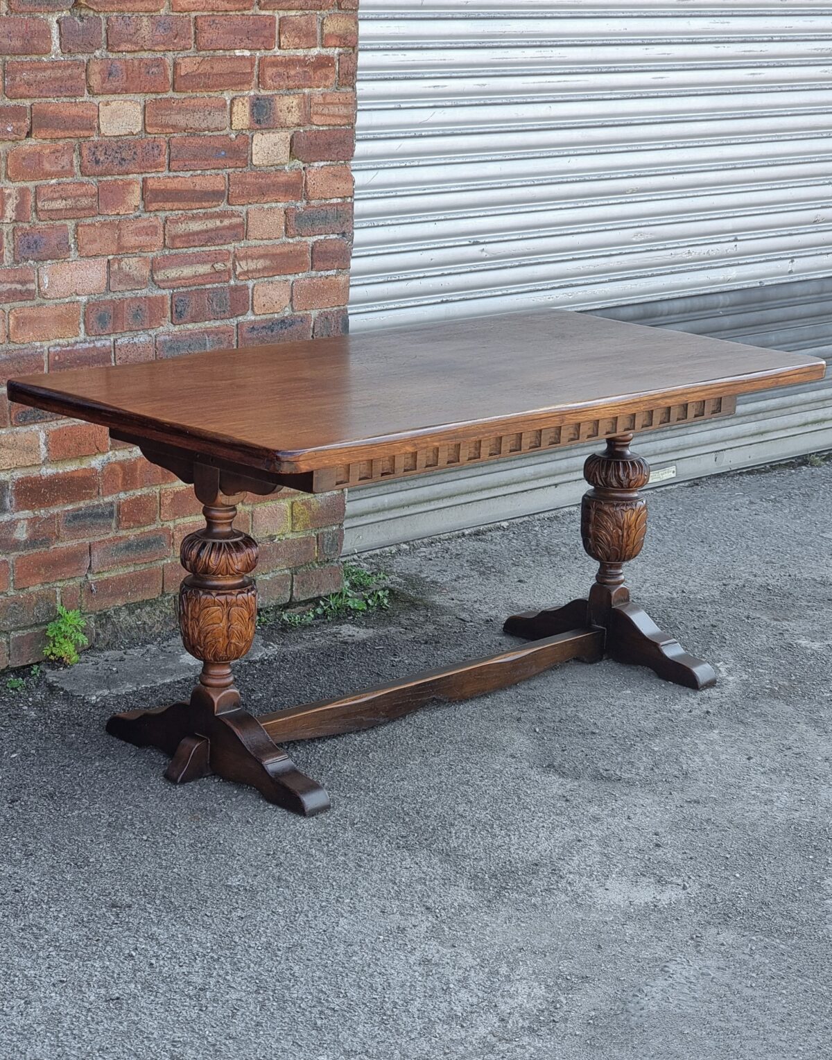 Vintage Antique style Twin-Pedestal Oak Refectory Table, Oak Carved Twin-Pedestal Dining Table