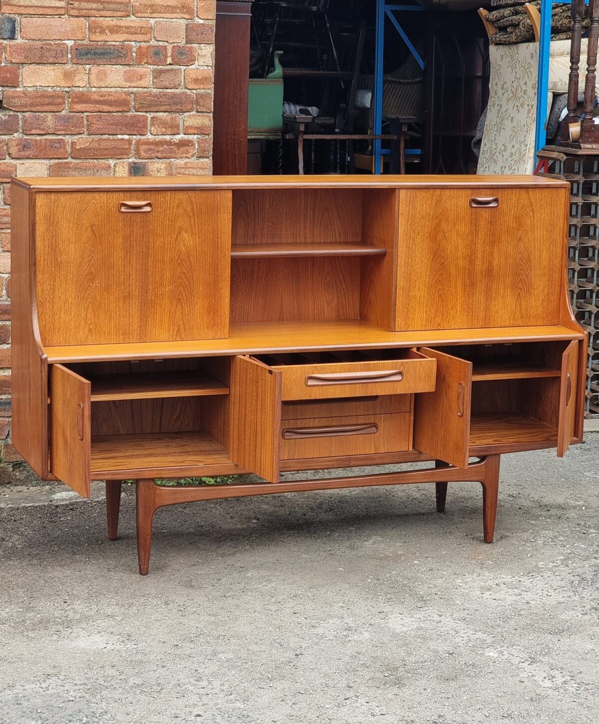 Retro 'G-Plan, Fresco' Tall Sideboard on Legs, Teak Mid-Century Drop-Front Cocktail Drinks Cabinet, Retro Teak Buffet/Server with Cutlery Drawer - Image 5