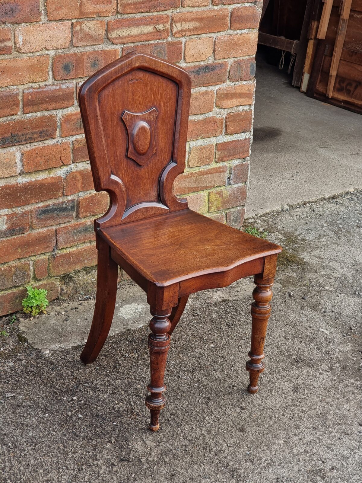 Antique Victorian Hall Chair, Mahogany Antique Hall Chair with Shield-Back & Lathe-Turned front Leg/Supports