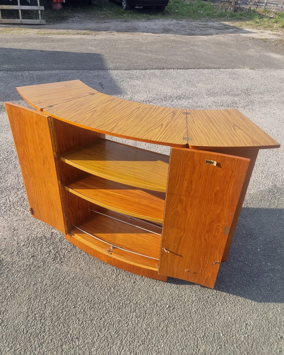 Teak Mid-Century Cocktail Bar, Drinks Cabinet with Fold-open Serving Table/Bar Top, internal Light & Fittings - Image 3