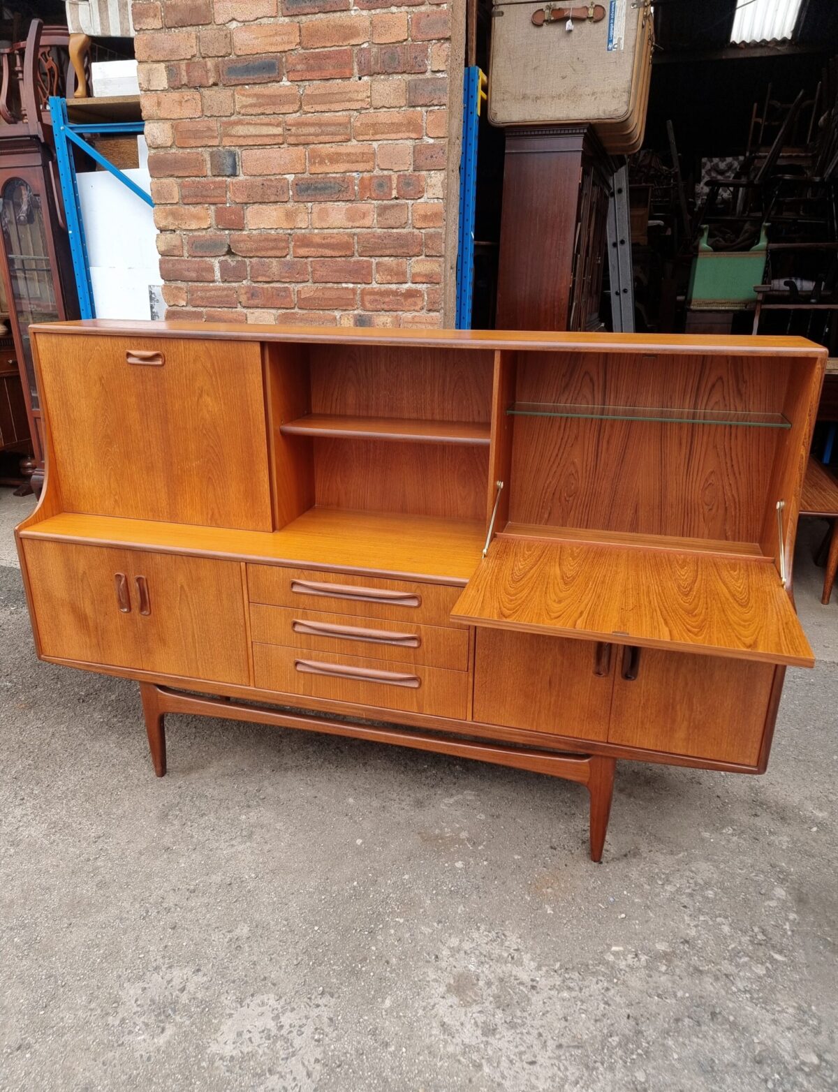 Retro 'G-Plan, Fresco' Tall Sideboard on Legs, Teak Mid-Century Drop-Front Cocktail Drinks Cabinet, Retro Teak Buffet/Server with Cutlery Drawer - Image 2