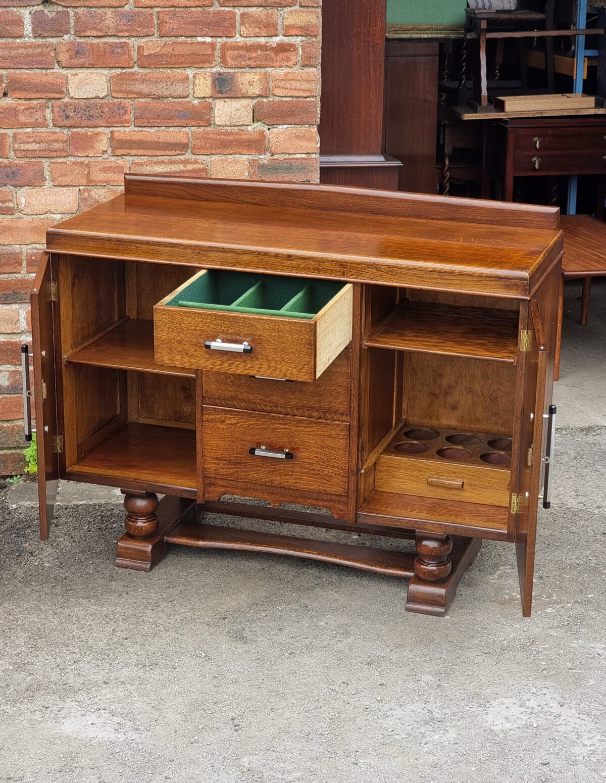 Vintage Art Deco 1930s Oak Sideboard with Cutlery Drawer, Art Deco Oak Cupboard with Chrome Handles & Wine/Bottle Drawer - Image 2