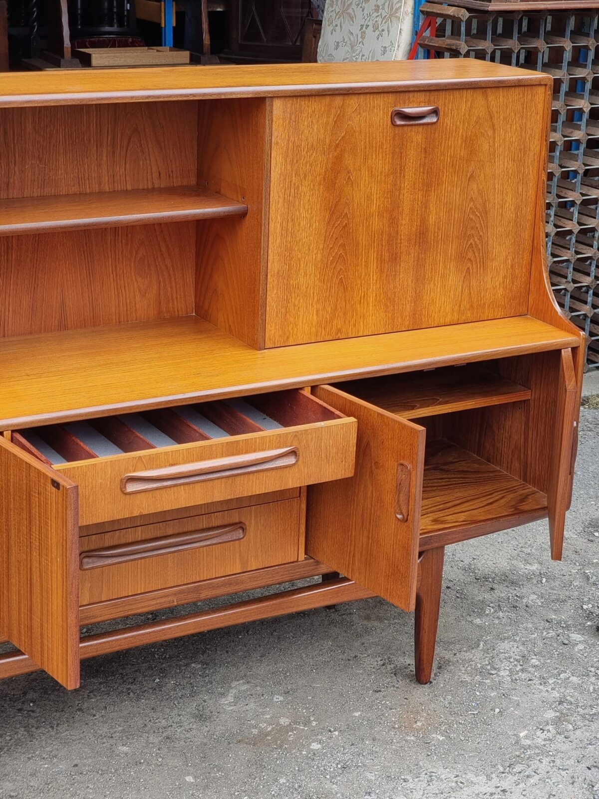 Retro 'G-Plan, Fresco' Tall Sideboard on Legs, Teak Mid-Century Drop-Front Cocktail Drinks Cabinet, Retro Teak Buffet/Server with Cutlery Drawer - Image 6