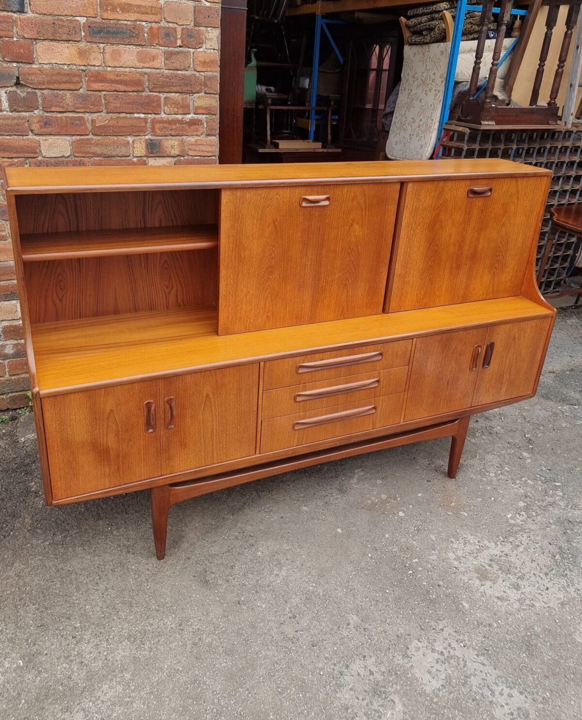 Retro 'G-Plan, Fresco' Tall Sideboard on Legs, Teak Mid-Century Drop-Front Cocktail Drinks Cabinet, Retro Teak Buffet/Server with Cutlery Drawer - Image 4