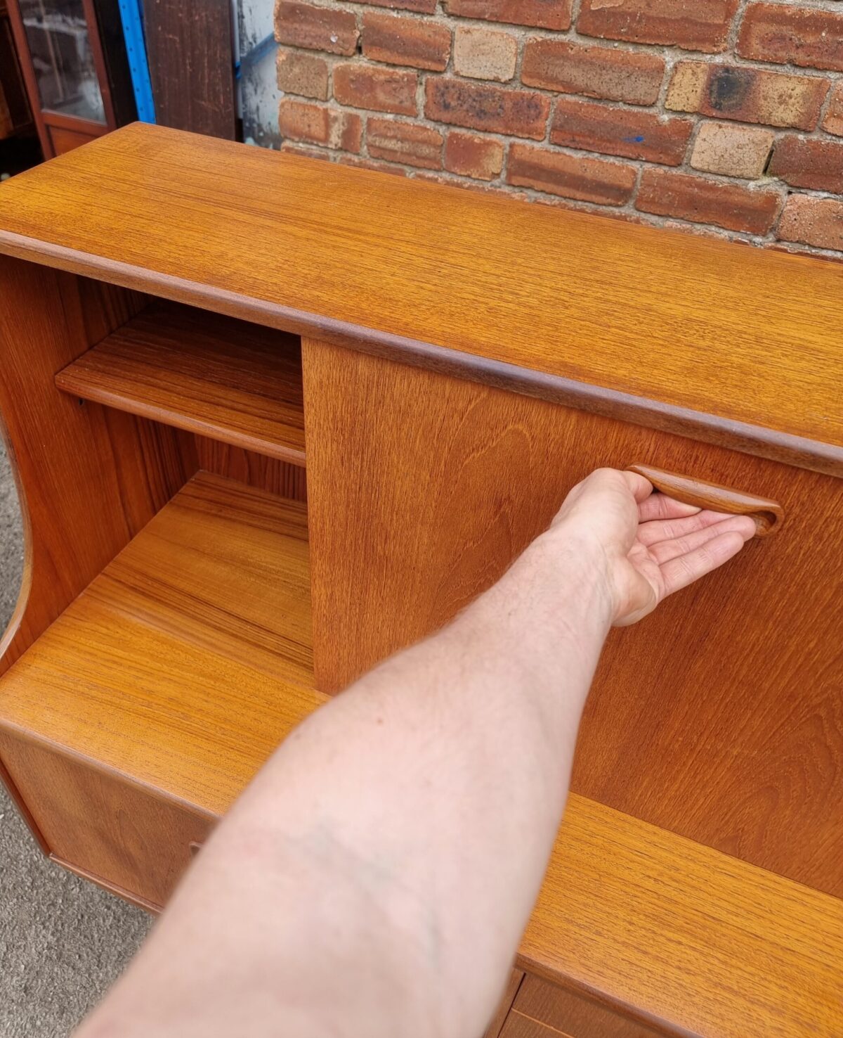 Retro 'G-Plan, Fresco' Tall Sideboard on Legs, Teak Mid-Century Drop-Front Cocktail Drinks Cabinet, Retro Teak Buffet/Server with Cutlery Drawer - Image 3