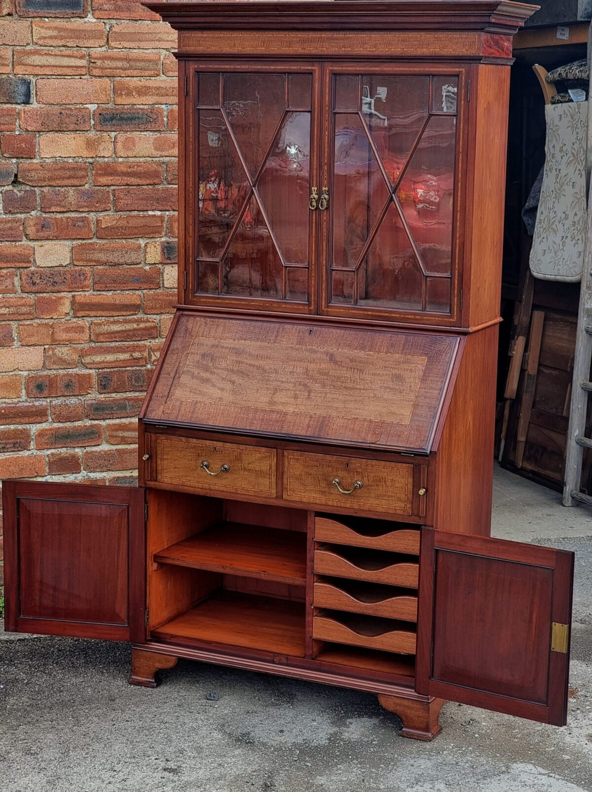 Antique Bureau Bookcase, Astragal-Glazed Bookcase with Drop-Front Bureau Desk & filing Cabinet below - Image 2