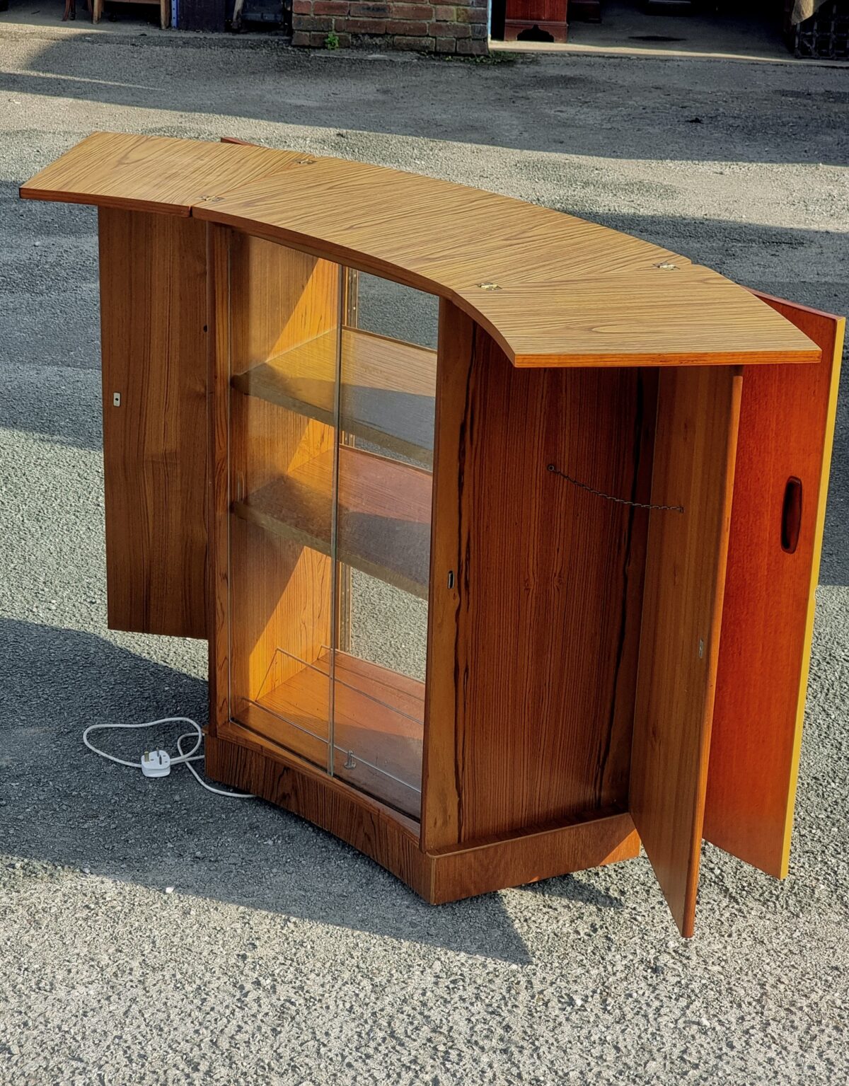 Teak Mid-Century Cocktail Bar, Drinks Cabinet with Fold-open Serving Table/Bar Top, internal Light & Fittings - Image 5