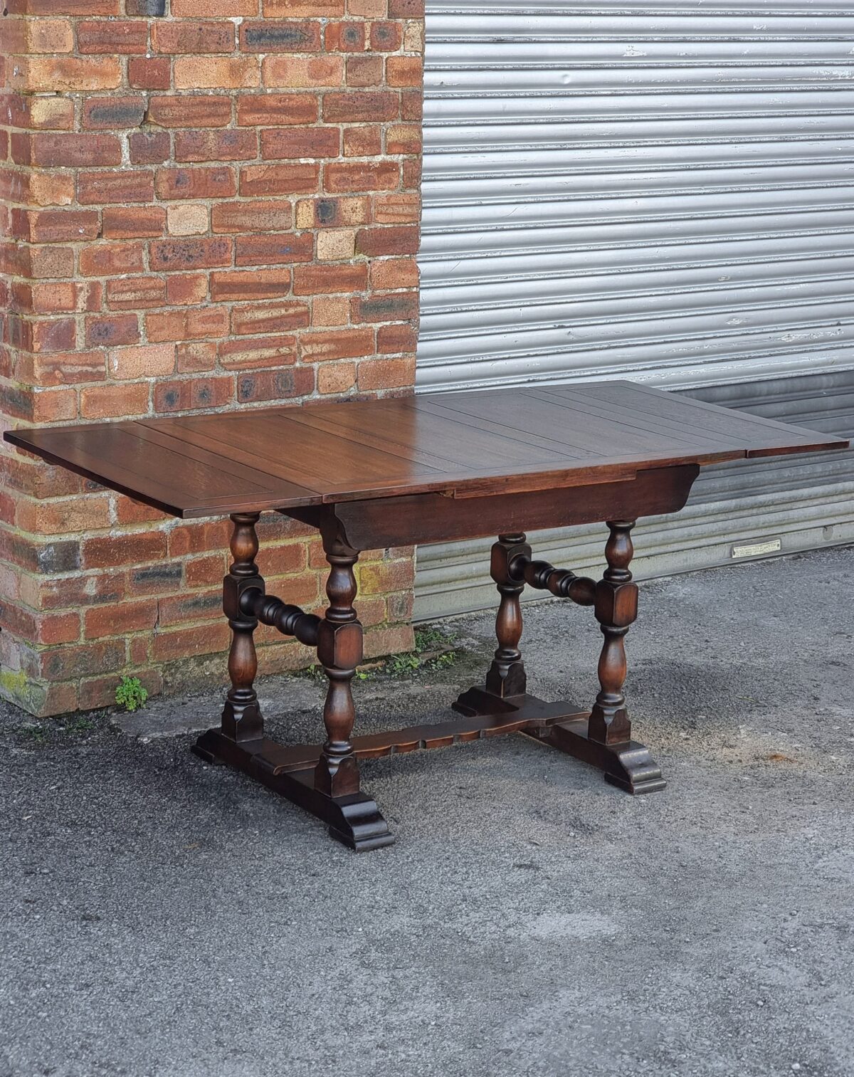 Vintage Oak Draw-Leaf Extending Dining Table, Draw-Leaf Dining Table with Lathe-Turned Leg/Supports & Stretchers - Image 2