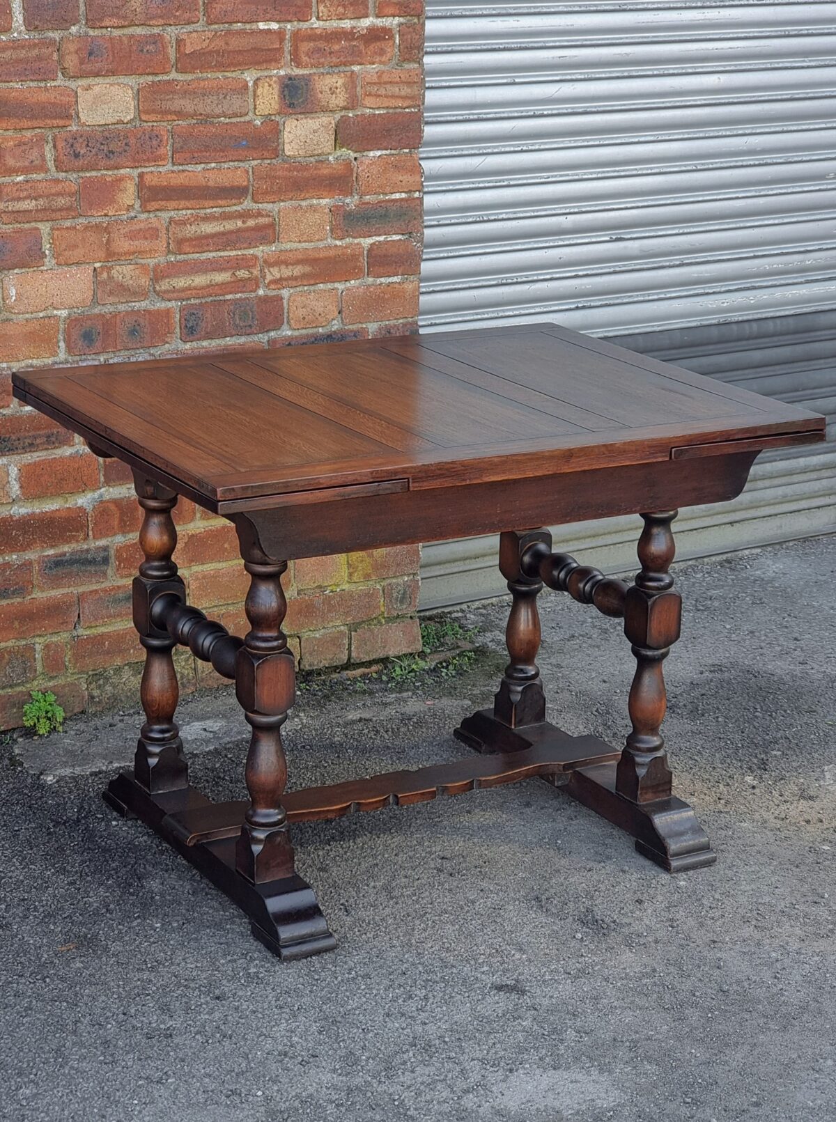 Vintage Oak Draw-Leaf Extending Dining Table, Draw-Leaf Dining Table with Lathe-Turned Leg/Supports & Stretchers