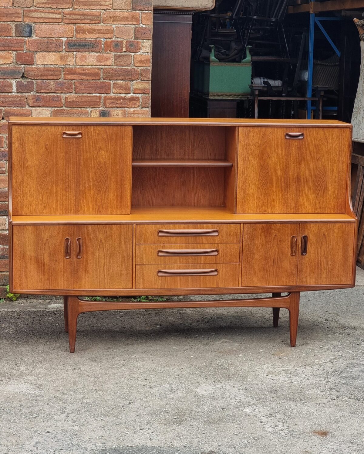 Retro 'G-Plan, Fresco' Tall Sideboard on Legs, Teak Mid-Century Drop-Front Cocktail Drinks Cabinet, Retro Teak Buffet/Server with Cutlery Drawer