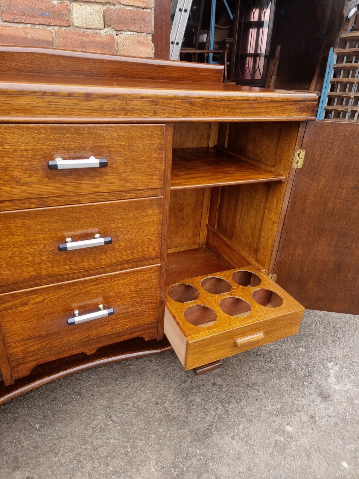 Vintage Art Deco 1930s Oak Sideboard with Cutlery Drawer, Art Deco Oak Cupboard with Chrome Handles & Wine/Bottle Drawer - Image 4