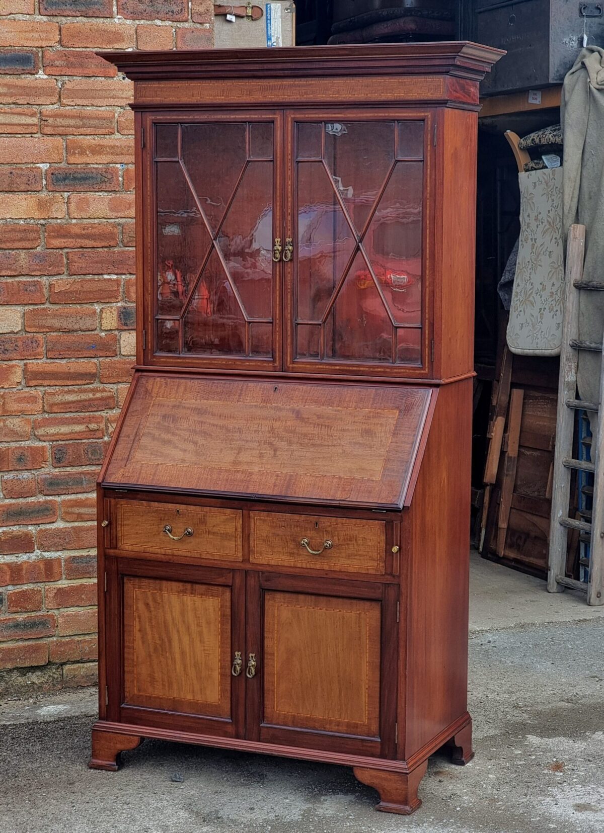 Antique Bureau Bookcase, Astragal-Glazed Bookcase with Drop-Front Bureau Desk & filing Cabinet below