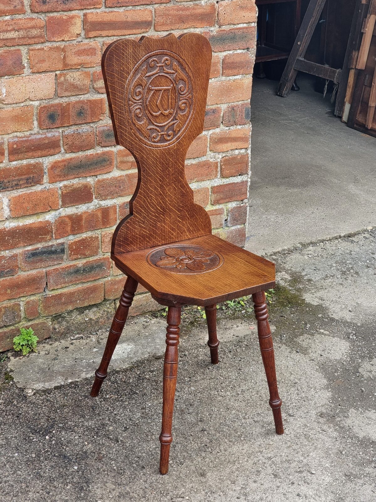 Antique Carved Oak Side Chair with Lathe-Turned Legs, Initialed Carved-back Hall Chair, Bedside Chair